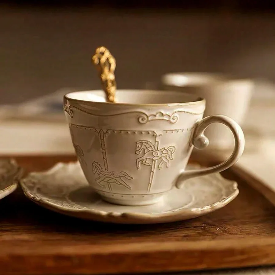 Nordic Style White Ceramic Coffee Cups Set Carousel Design Cups Set with Teapot with Plate Breakfast Milk Cup Excellent Gift