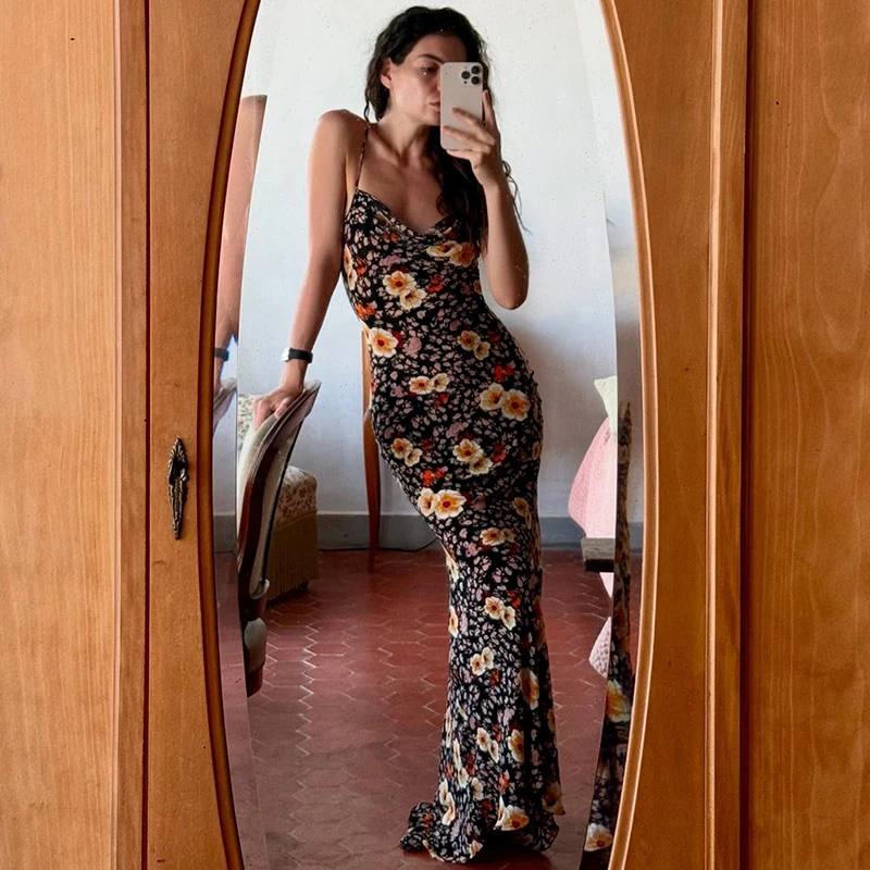 

Ticketsx Sexy Floral Print Dress Women's V Neck Sleeveless Backless Sling Dress Female Summer Fashion Retro Slim Luxury Dresses
