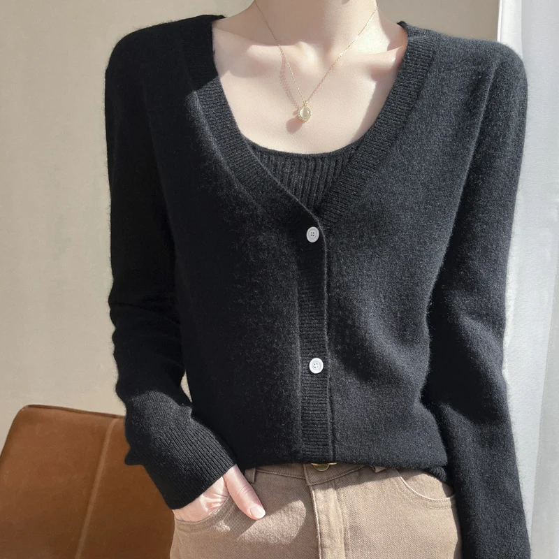 2023 Spring Autumn New Women 100% Cashmere Cardigans Basic Sweater Female Solid Color Soft Knitted Jacket V-Neck Shirt Top