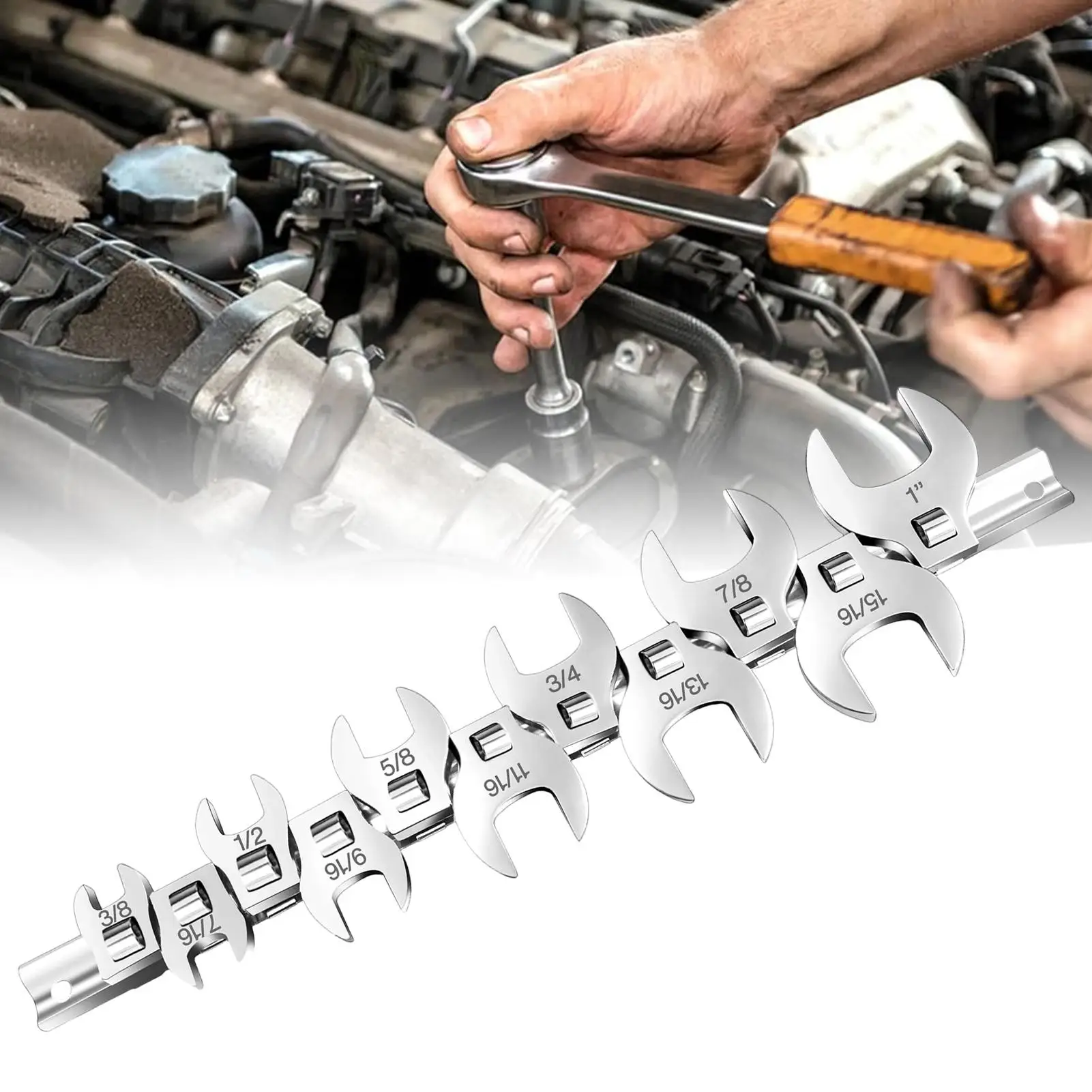 Crows Foot Wrench Set 11-Piece Metric Carbon Steel Automotive Tool 3/8 to 1 Inch Open End Ratchet Wrench for Automotive Car