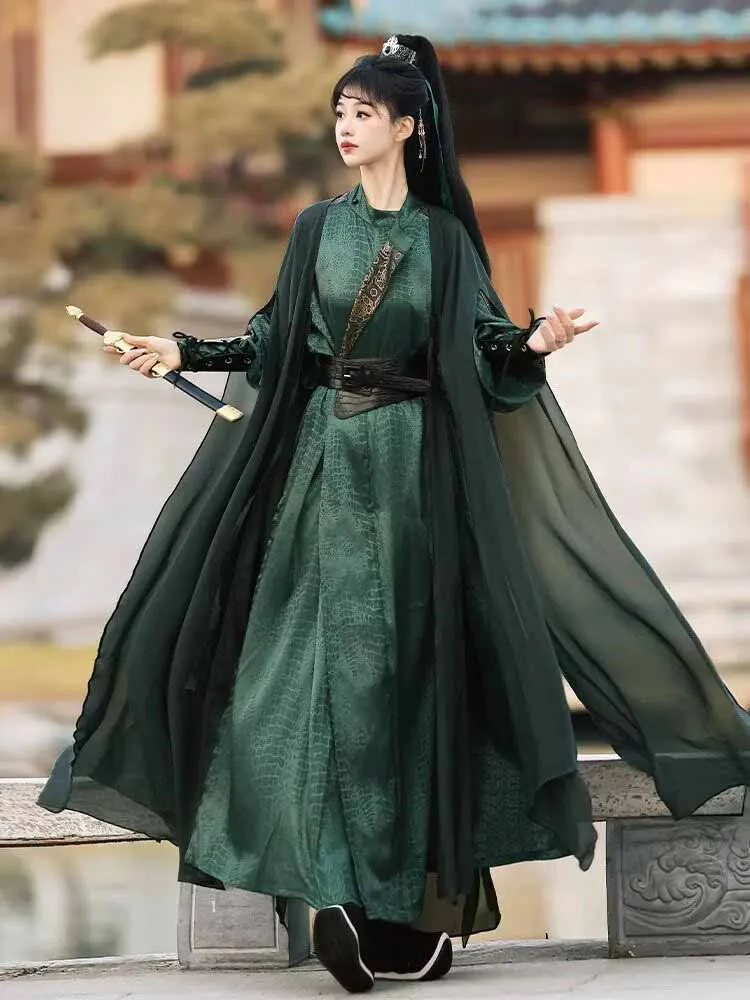 Traditional Chinese Wuxia Hanfu Dress for Women- Green Satin Martial Arts Costume with Flowing Cape Ancient Chinese Knight Outfi