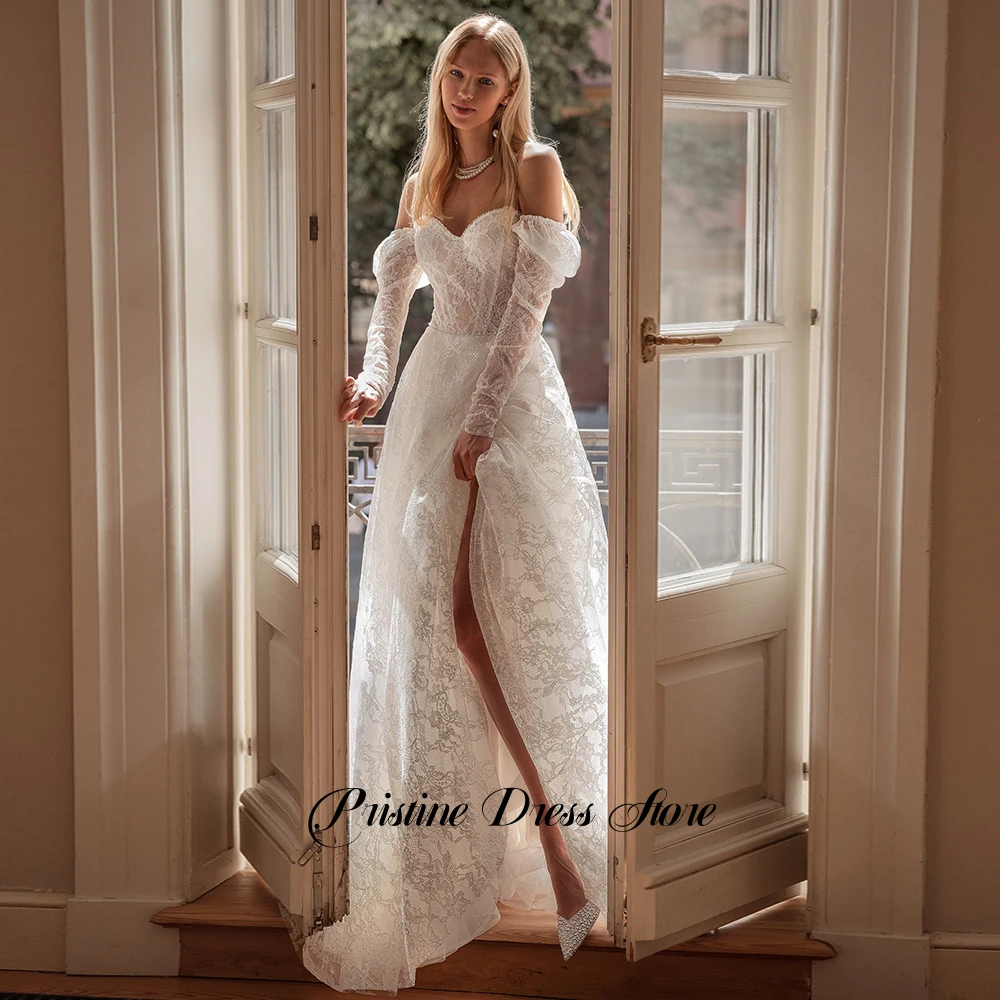 فستان الزفاف البوهيمي مخصص الدانتيل ساحة طوق قابل للتعديل طويلة الأكمام زي العرائس ألف خط تول فساتين الزفاف للعرائس