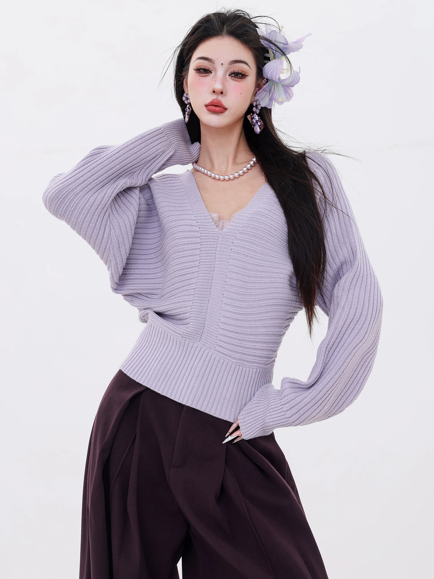 

Оригинальный вязаный свитер ABWLR с V-образным вырезом для женщин, облегающий универсальный топ с длинными рукавами во французском стиле для девочек-подростков