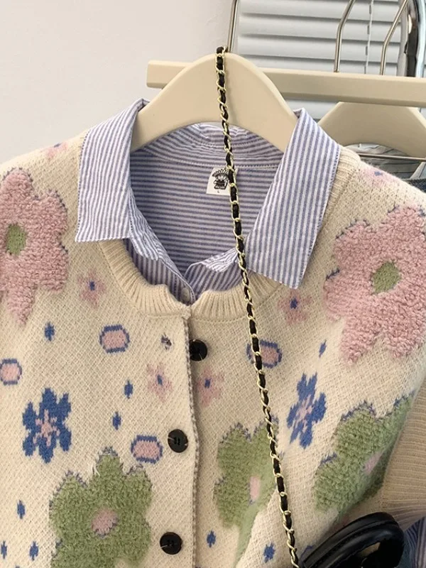 سترة نسائية كورية Sle مستديرة Ne محبوكة مفتوحة سترة نسائية ملابس خارجية تصميم مطرز بالزهور النباتية