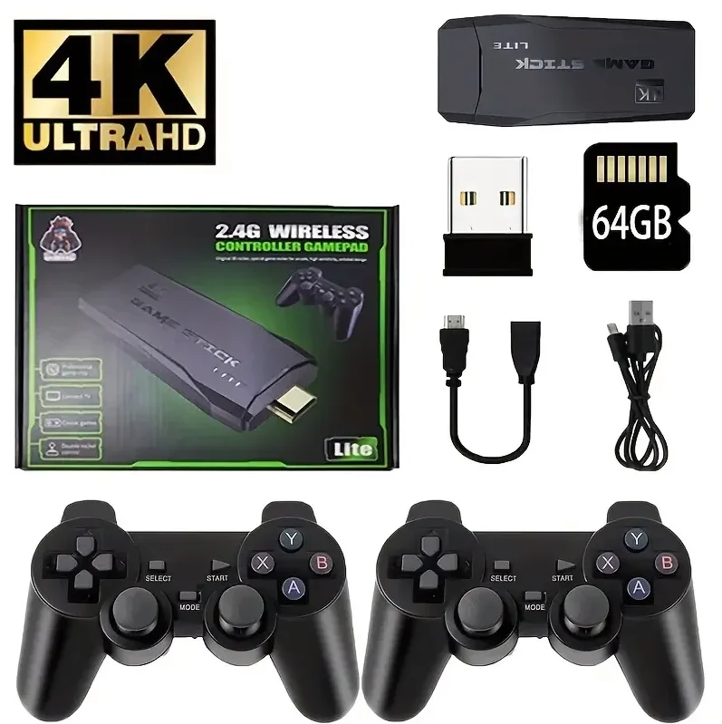 لعبة فيديو Stick Lite 4K لعبة فيديو M8 وحدة تحكم 64 جيجابايت وحدة تحكم لاسلكية مزدوجة لعام 20000 ألعاب ريترو هدية عيد الميلاد للأطفال 4K HDMI