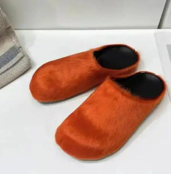 Orange Green Yellow Horsehair Fur Slip On Slippers Round Closed Toe Thick Sole Casual Slide Women Leisure Outdoor Street Shoes