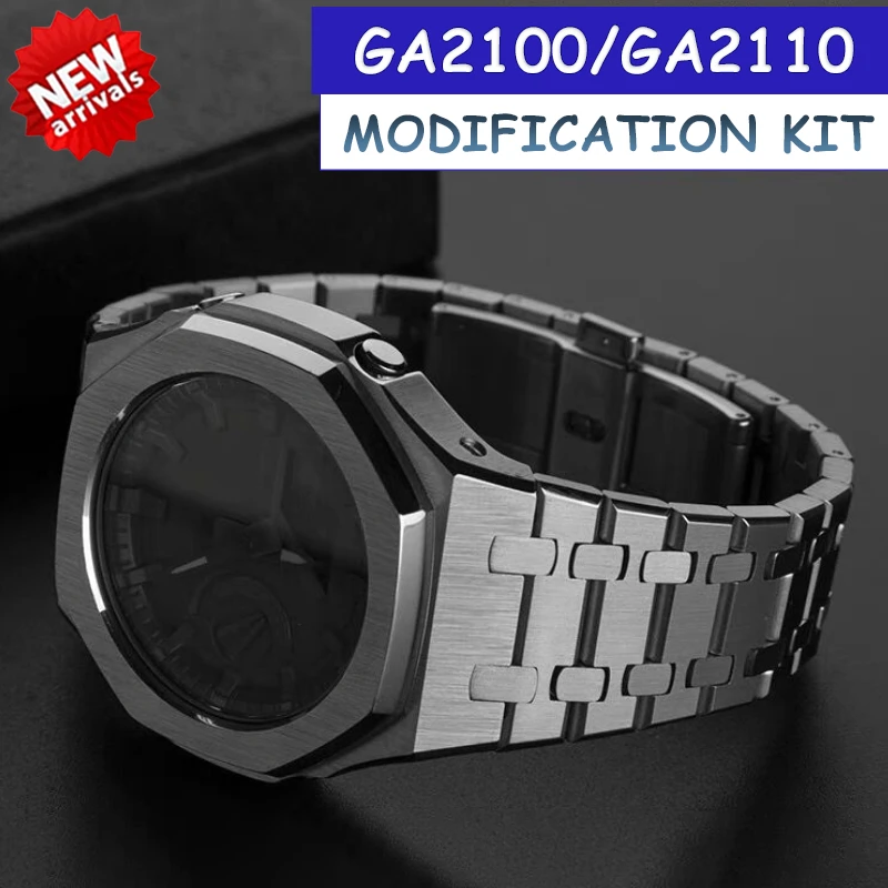 Casioak Burnishing Stainless Steel Case For G-Shock GA2100 Modification Kit Metal Bezel Stainless Steel Strap For GA2110/GAB2100