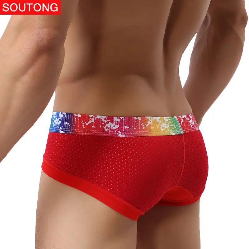 Hot Rainbow Men\'s Underwear Short Modal Mesh Sexy Briefs Breathable Male Gay Underpants Brand Solid Boxer Plus Size Beach Trunks