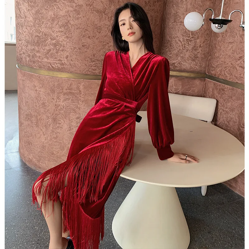 Elegant Burgundy Velour Nightgown Sexy Tassel Sleepwear Women Autumn Winter Nightwear Long Velvet Warm Homewear Loungewear