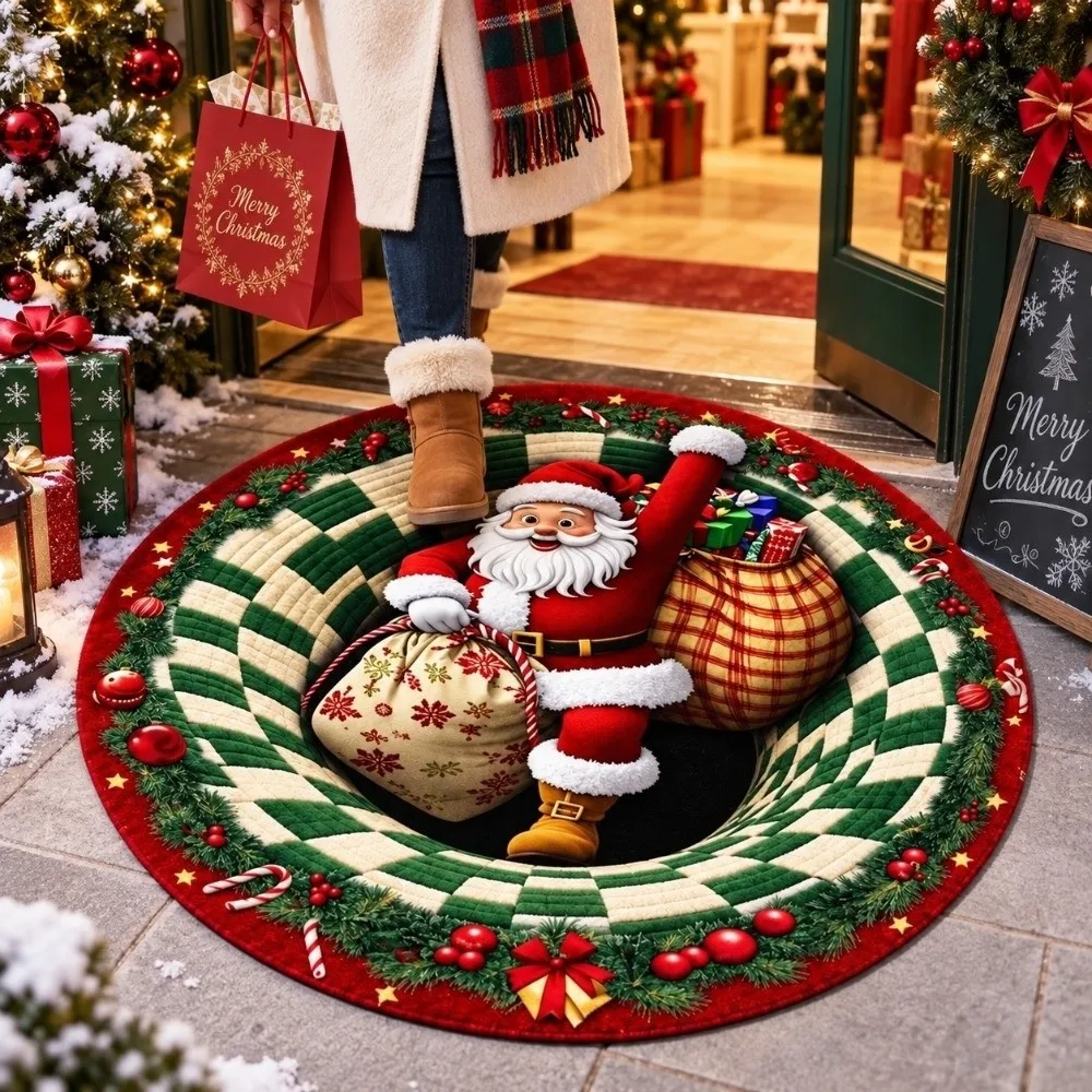 2D Flat Christmas Round Rug Polyester Santa Pattern Vortex Floor Mat Bottomless Pit Washable Fabric 3D Illusion Carpet