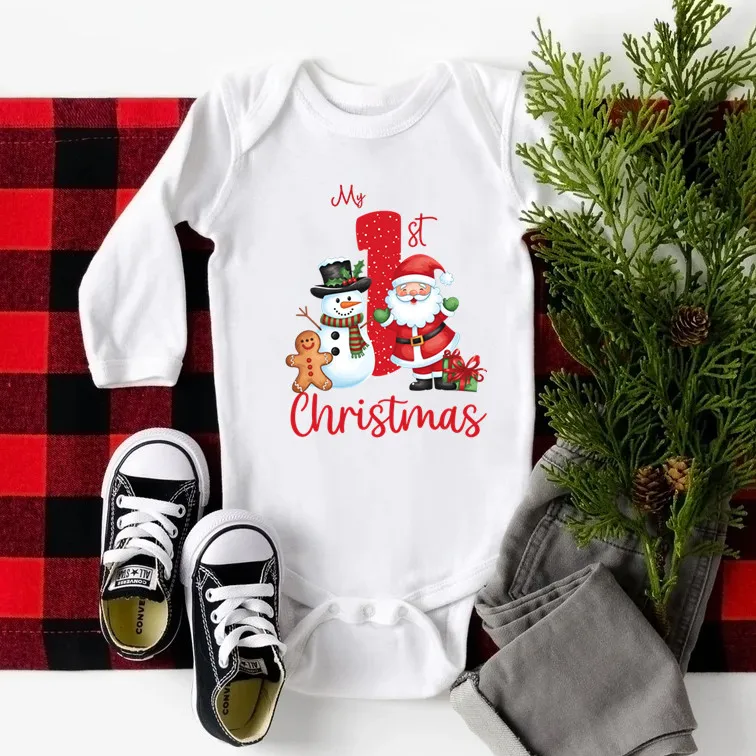 My 1st Christmas Baby Bodysuit Long Sleeve Santa Snowman Gingerbread Man Print Newborn Romper Infant Xmas Outfit Baby Gift