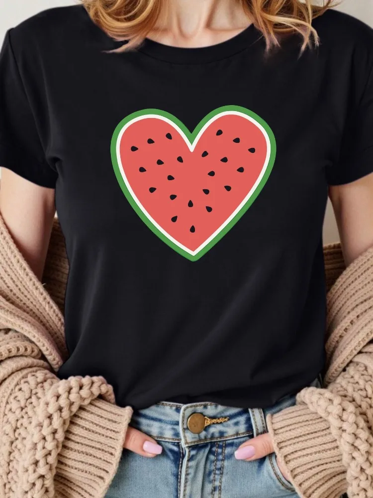 Women's Summer Casual Short-Sleeve T-Shirt with Bright Red Watermelon Heart Pattern Breathable Round Neck Top for Everyday Wear