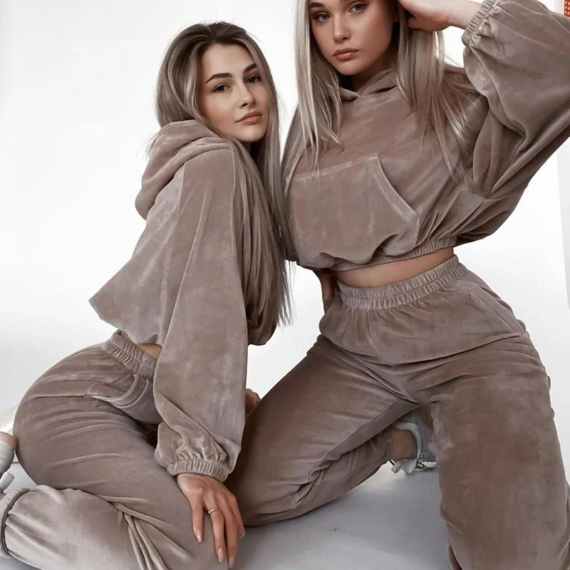 2025 Autumn Winter Women\'s Two Pieces Set Female Shiny Velvet Pocket Hoodies Lady\'s Elastic Waist Pants Women\'s Trouser Sets