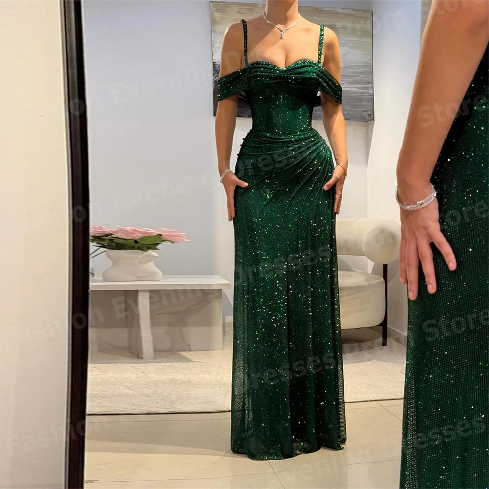 

Luxurious Sparkling Women Mermaid Evening Dresses Off Shoulder Prom Gowns Customized Slit Sleeveless Vestido De Gala Noche Mujer