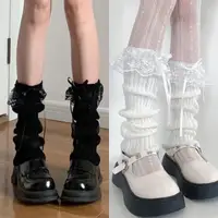 Calentador de piernas con lazo de encaje para niñas japonesas Y2K, cubierta de pie cálida tejida para mujeres, calentadores de rodilla blancos y negros, calcetines largos JK de ganchillo