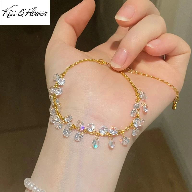 KISS&FLOWER 24KT Gold Luxury Shiny Beads Bracelets For Women Wedding Party Birthday Christmas Bride Mother Girl Lady Gifts BR406