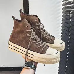Spring Autumn Vintage High Top Canvas Shoes Men Brown Sneakers Student Espadrilles Platform Comfort Mens Vulcanize Shoes