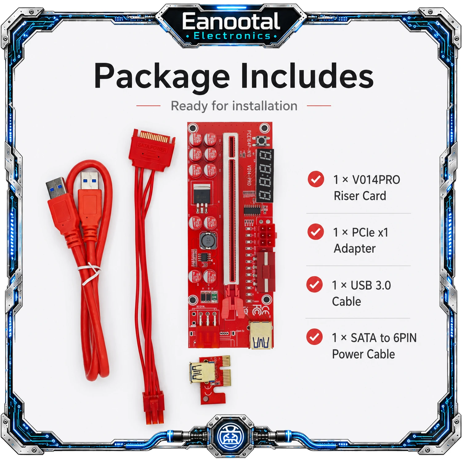 PCI-E X1 to X16 Powered Riser Adapter Complete Kit, USB 3.0 Extension Cable PCIEX1 Card and SATA 6Pin Cable for GPU Mining Rig