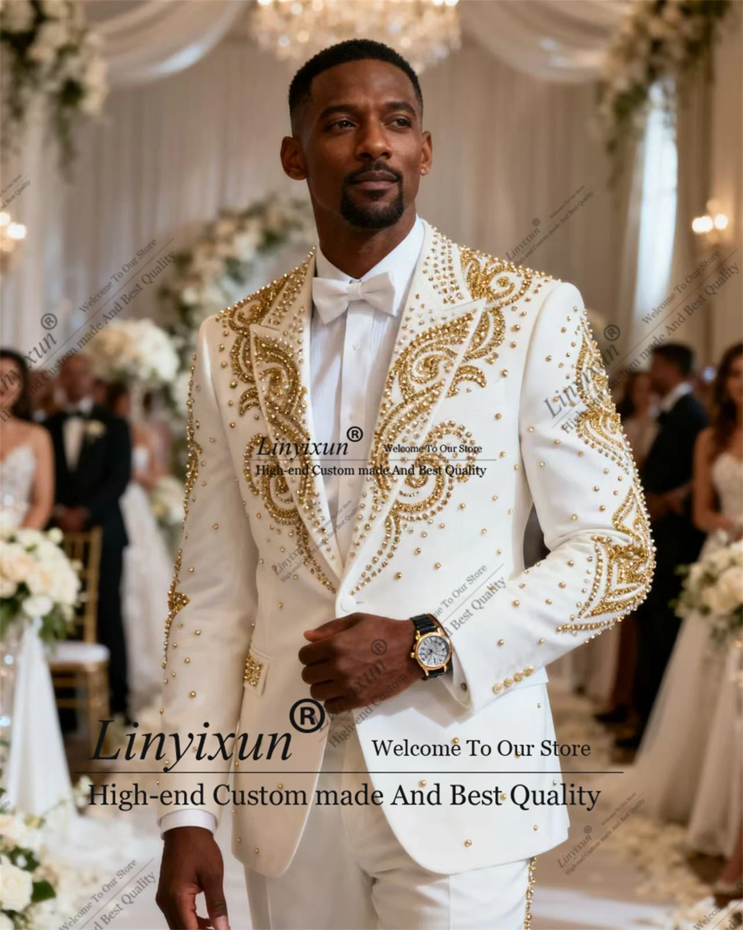 Handsome Stylish Design Beaded Men Suits 2 Piece Wedding Groom Tuxedo Fashion  Male Prom Blazers Customized Slim Costume Homme