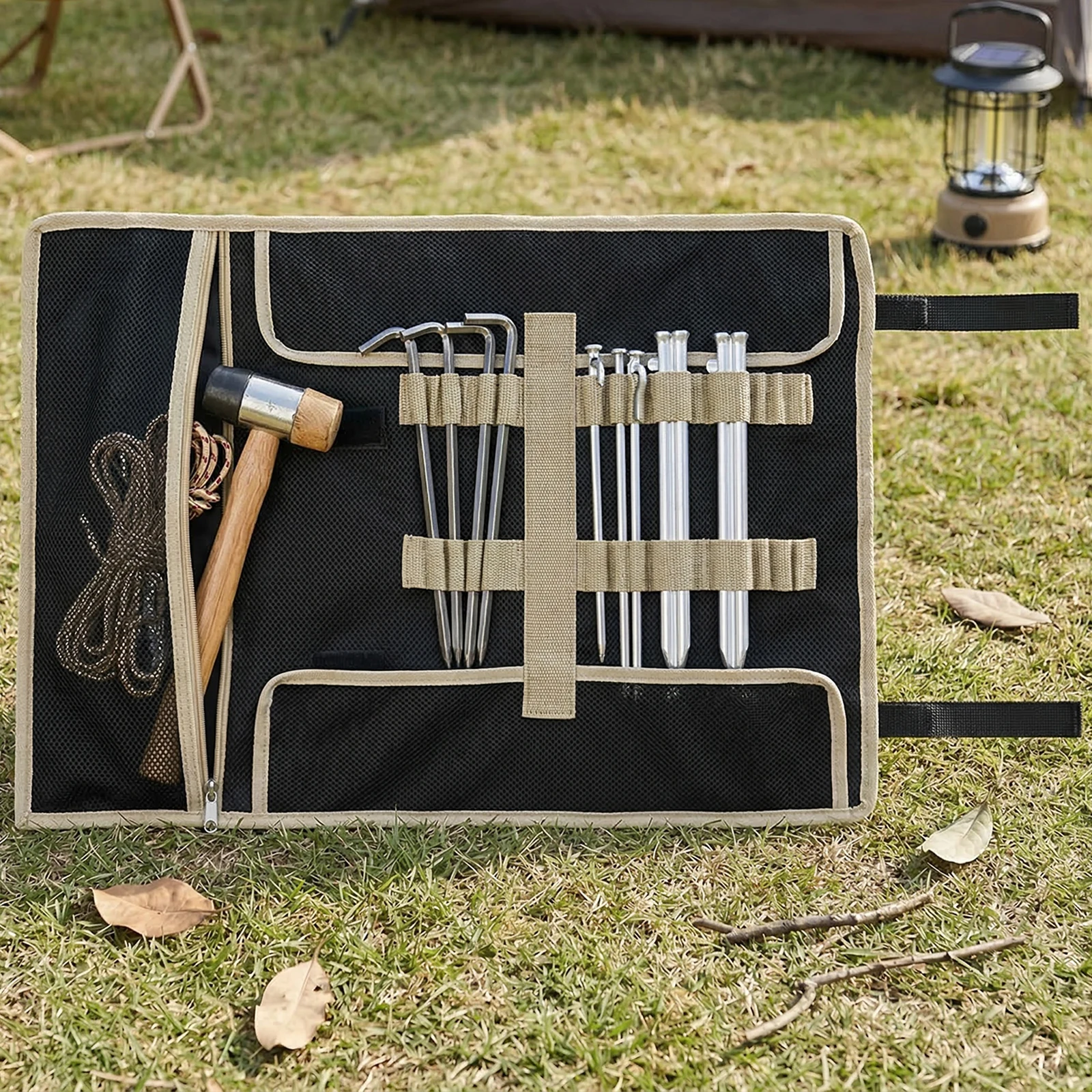 Folding Portable Nail Pocket Roll-up Design with Hook and Loop Fastener Portable Tent Stake Bag for Solo Outings Backpacking
