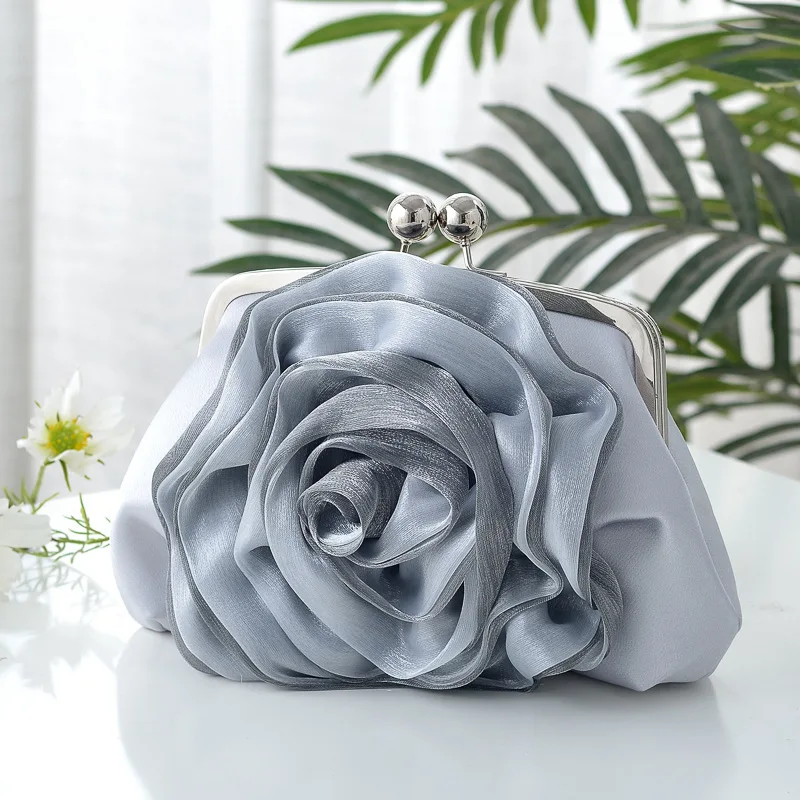 Elegant Fashion Roseflower Banquet Clutches For Women Simple Apricot Gray White Small Purse Handbag Party Chain Shoulder Bags