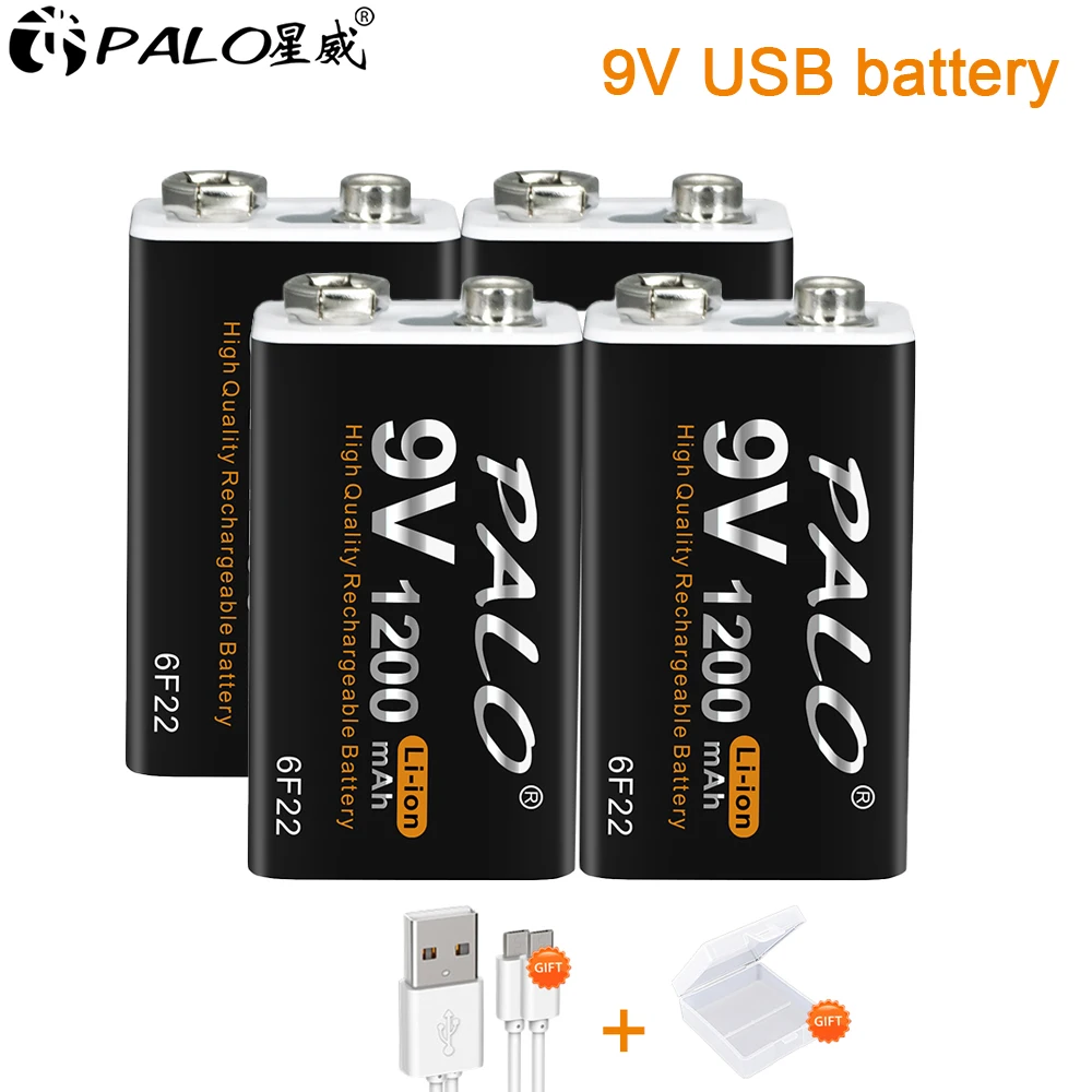 PALO 9V Rechargeable Battery 1200mAh 6F22 Micro USB 9v Li-ion Lithium Batteries for Multimeter Microphone Toy Remote Control KTV