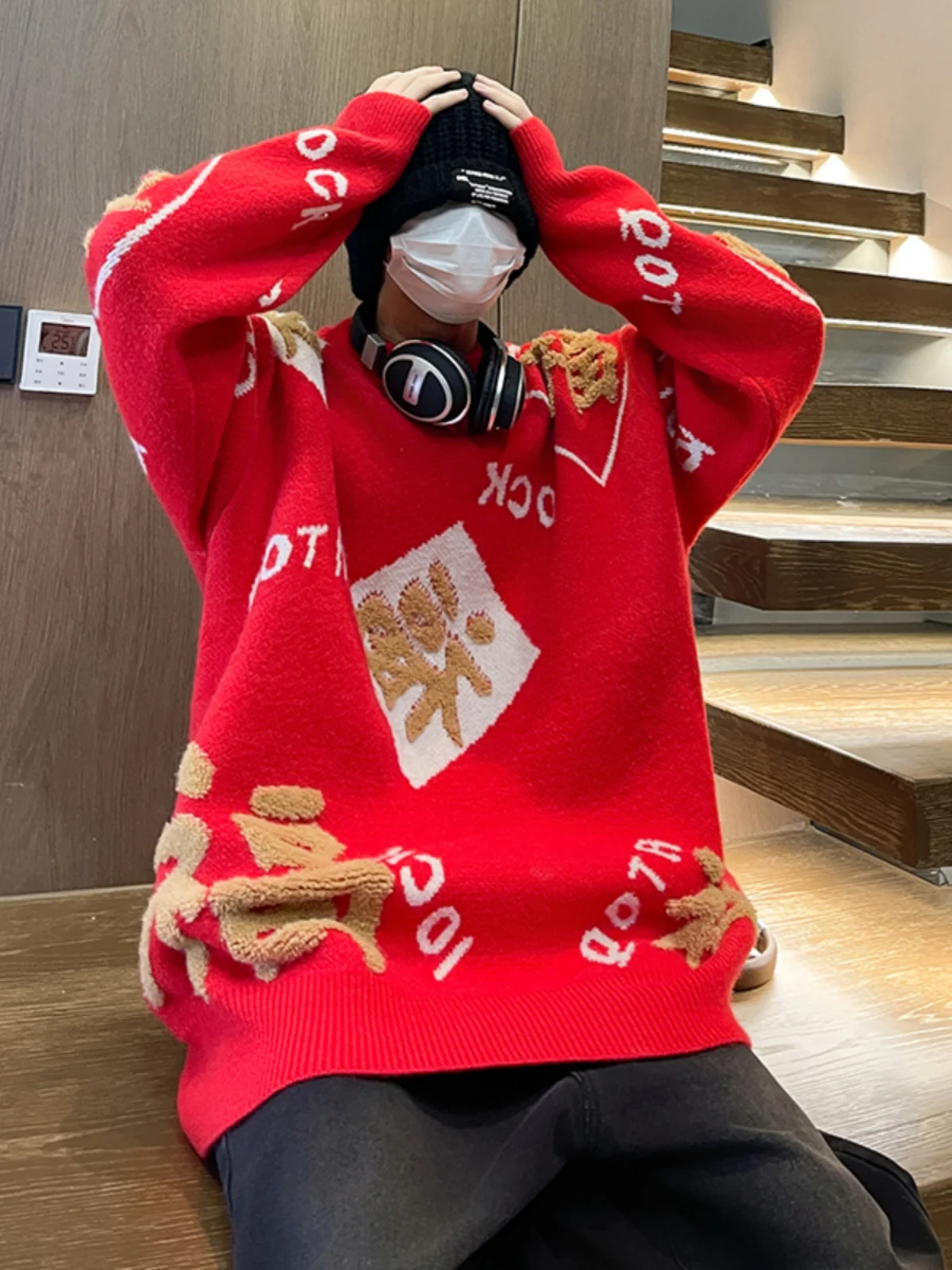 

Red Knitted Loose Sweater Men's Spring Autumn Comfortable Base Layer American Retro Lazy Sle Long Sve round Ne Sweater