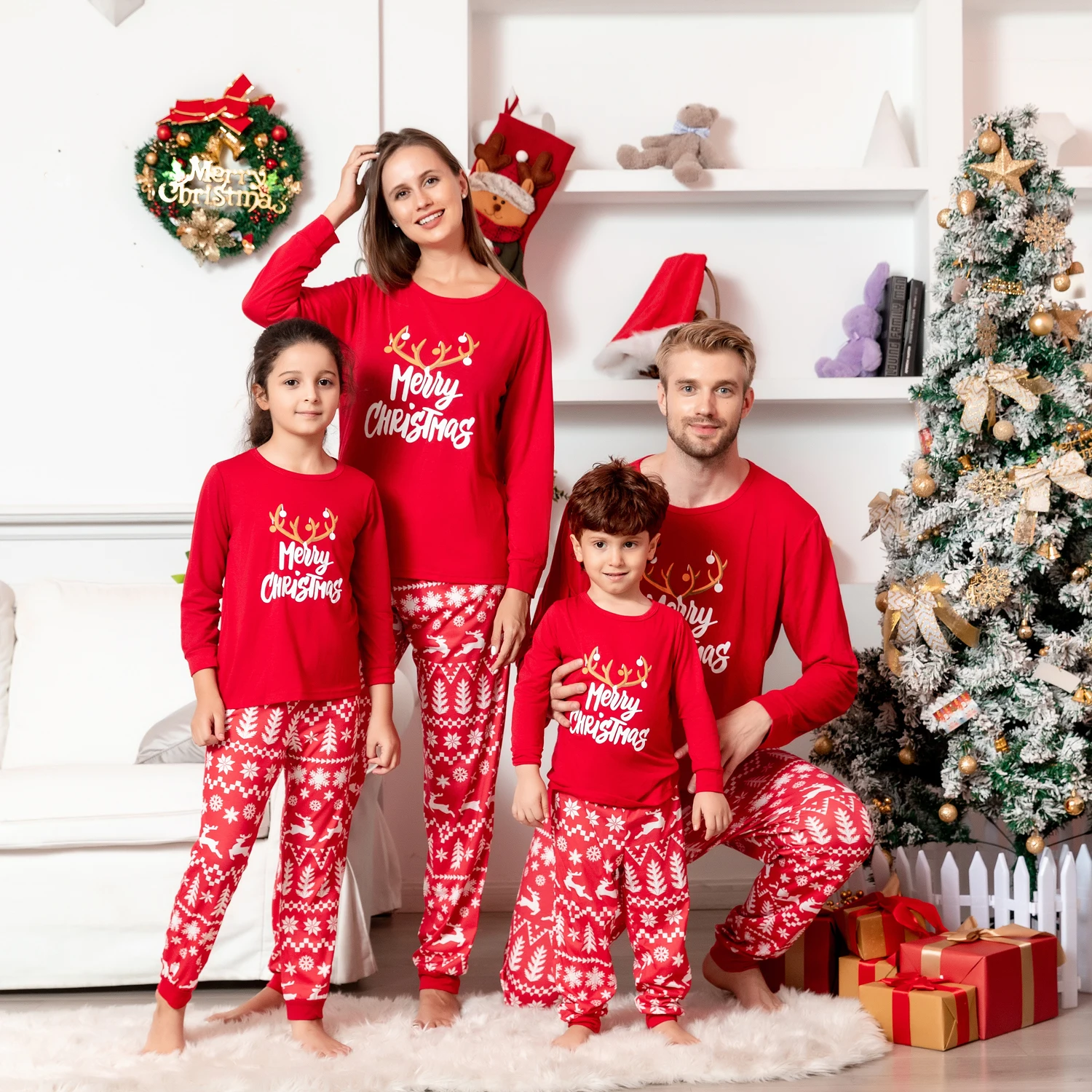 

Cartoon Print Parent-Child Matching Spwear Two-Piece Set Red Plaid Print Home Clothes Long Sve round Ne Comfortable