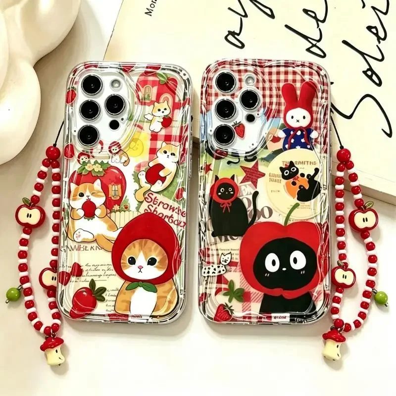Cat Red Apple Fruit Chain CaseFor Samsung Galaxy S26 Ultra S25 S24 Plus S23 FE A17 A06 A07 A16 A56 M16 A36 A55 A15 Cartoon Cover