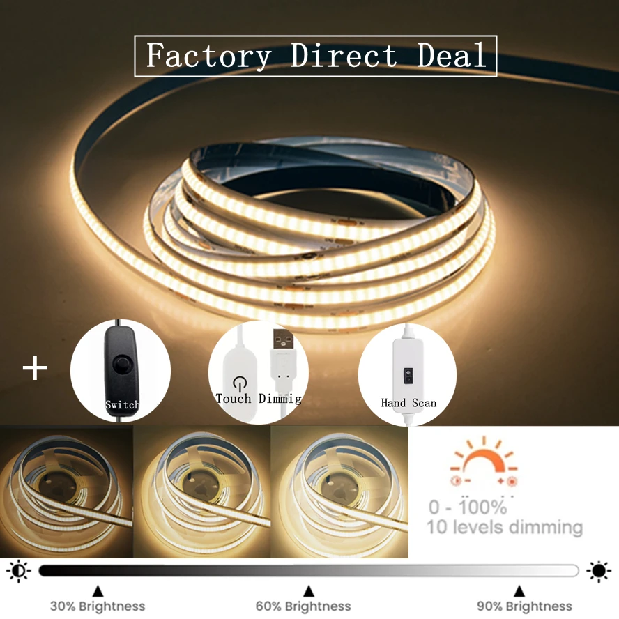 

5V Multicolour USB LED Strip Light COB Switch Touch Sensor Dimmable Lamp Tape TV Mirror Backlight Kitchen Room Night Lighting