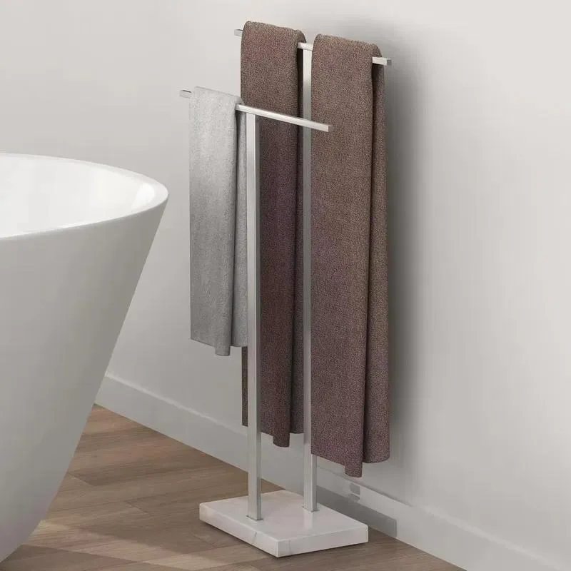 Double Towel Rack Stand with Marble Base for Bathroom Floor Stainless Steel Brushed Finish