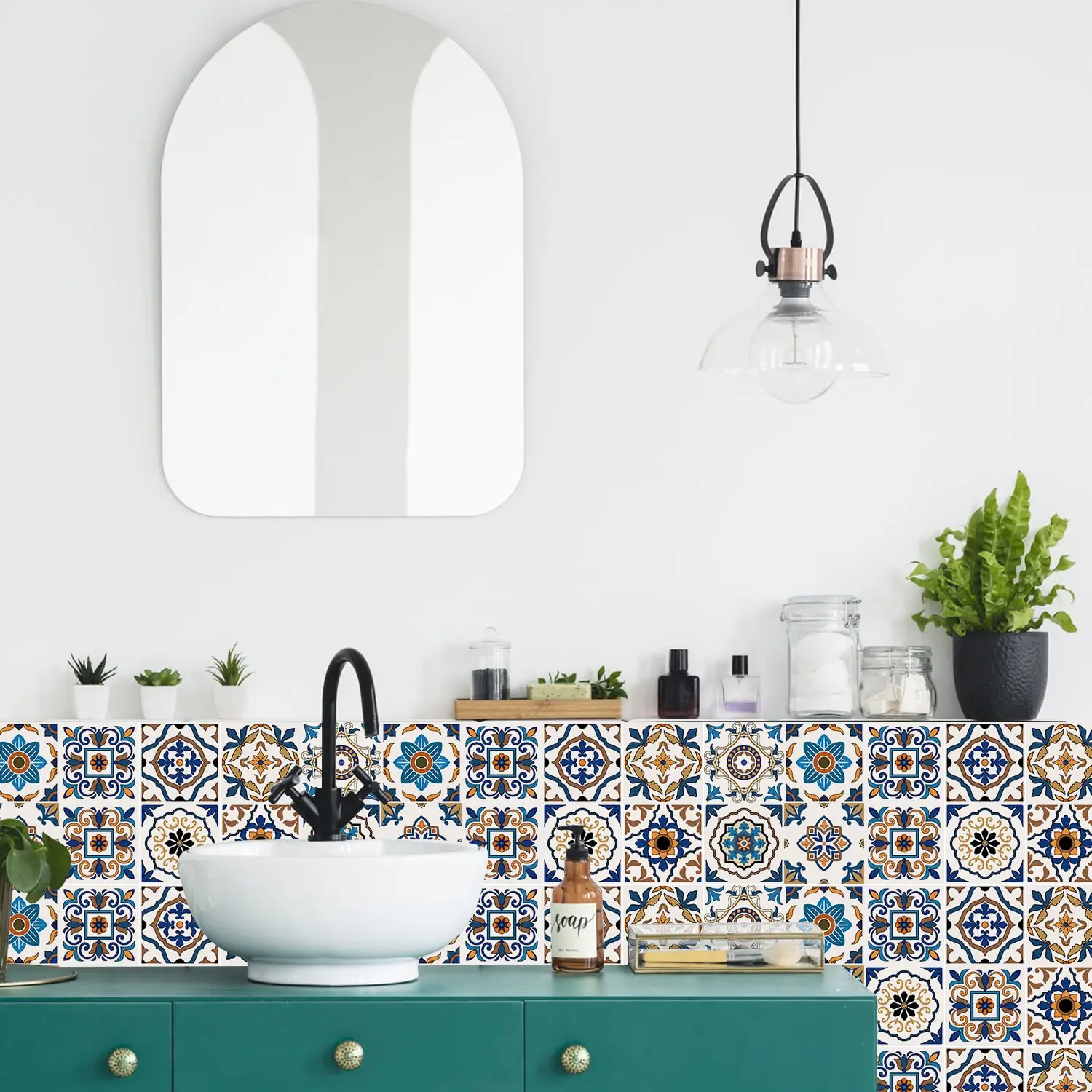 24 Pieces of Mandala Retro Pattern Glossy Self-adhesive Tile Stickers for Kitchen and Bathroom Removable Waterproof Wall Sticker