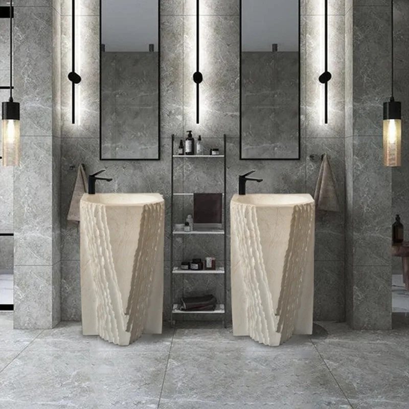 Lavabo a colonna con motivo in pietra imitazione marmo, lavabo artistico a forma speciale, lavabo integrato da pavimento, lavabo di design
