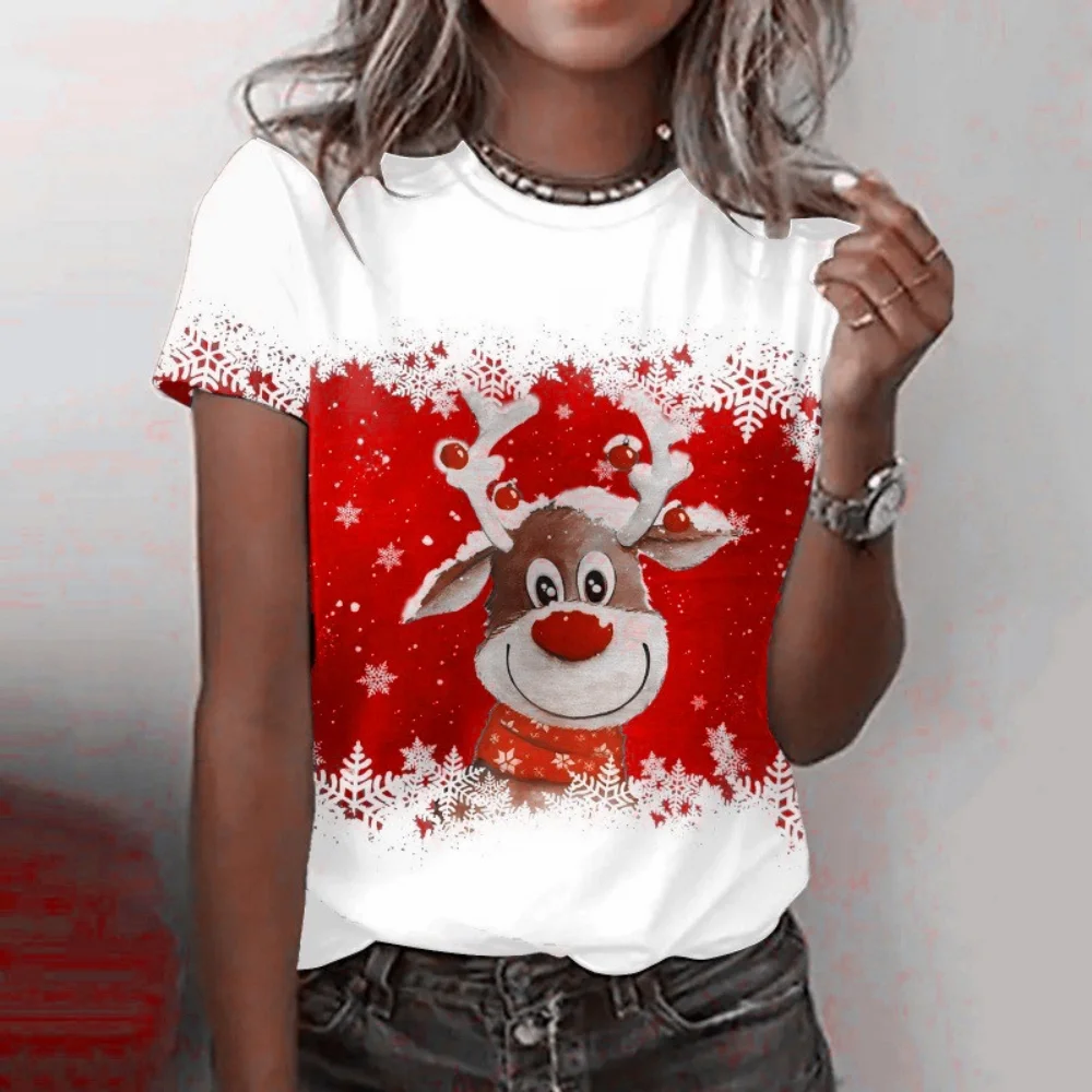 Christmas Elk Printed Women's T-Shirt Round Neck Short Sleeved Casual Clothing Fashions Holiday Red  White Color Blocked T-Shirt