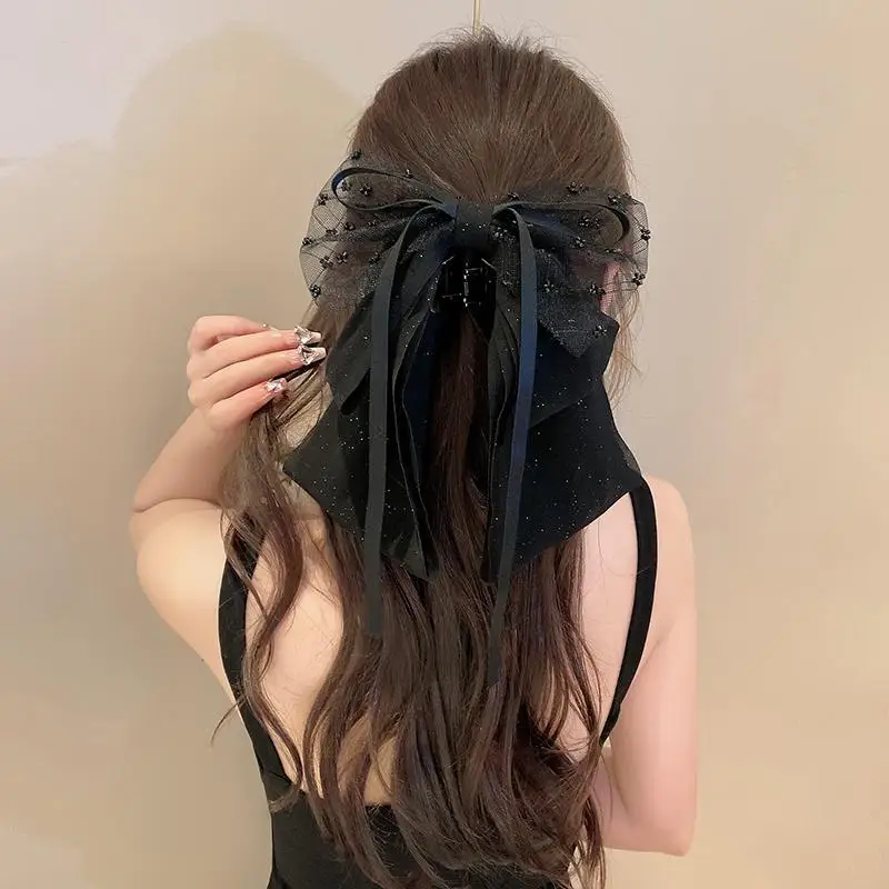 Exquisite Mesh Ribbon Black Bow Hair Claw for Women French Simple Horsetail Clip Elegance High Grade Grab Clip Hair Accessories