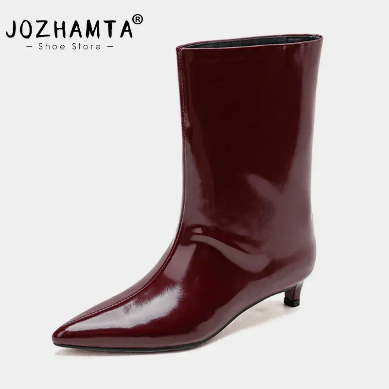 JOZHAMTA Size 34-43 Women Ankle Boots Real Leather Kitten Mid Heels Shoes 2025 Winter Ins Fashion Pointy Office Lady Daily Dress