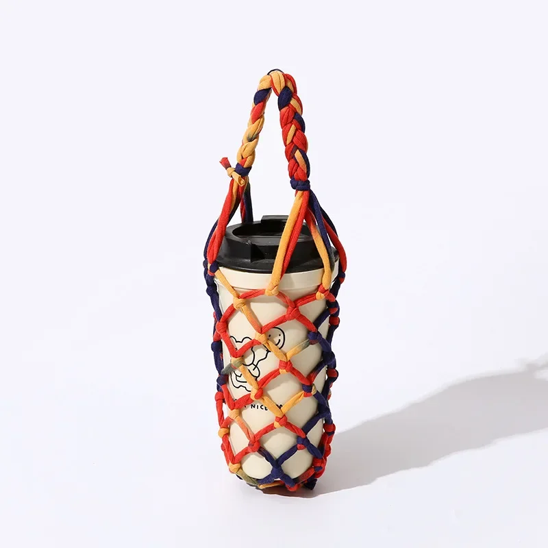 Handmade Woven Storage Basket Cup Net Pocket Water Bottle Carrier Strap Wine Cup Holder