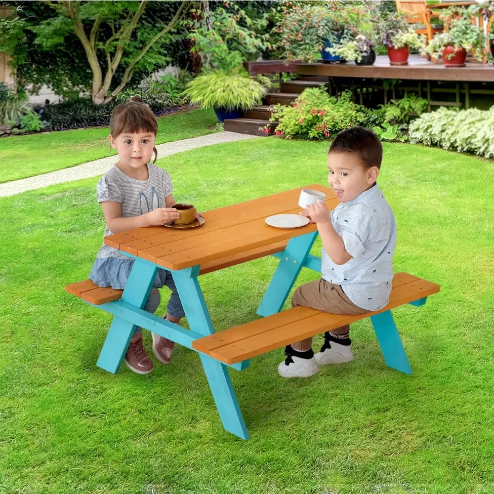 Kids Wooden Outdoor Picnic Table & Chair Bench Set with Built-in Seating, Durable & Easy Assembly