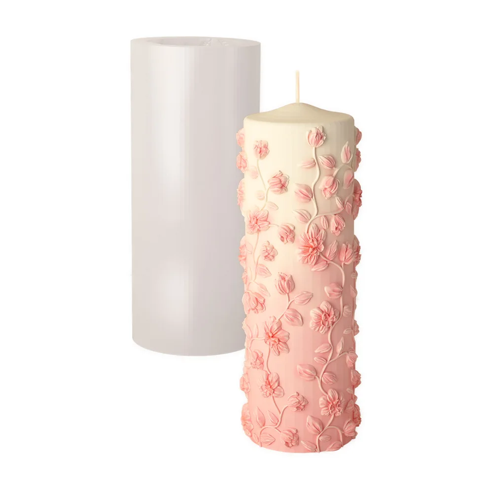 3D Candle Mold Embossed Floral Cylinder Silicone for DIY Aromatherapy Candle Making Plaster Diffuser Stone Craft