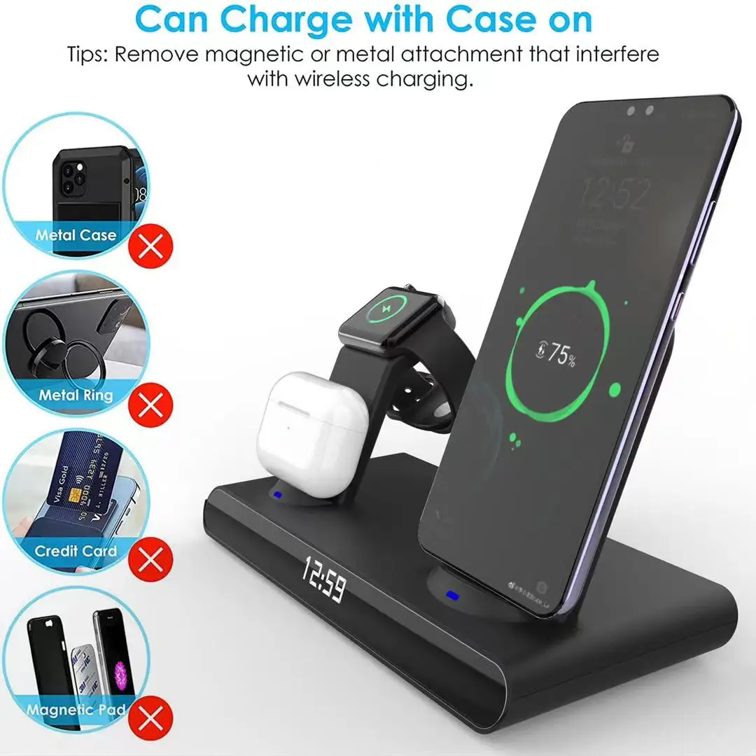 Hot Selling 3 in 1 Wireless Charger 15w Wireless Fast Charging With Clock Charger Stand Wireless Mobile Phone Charger