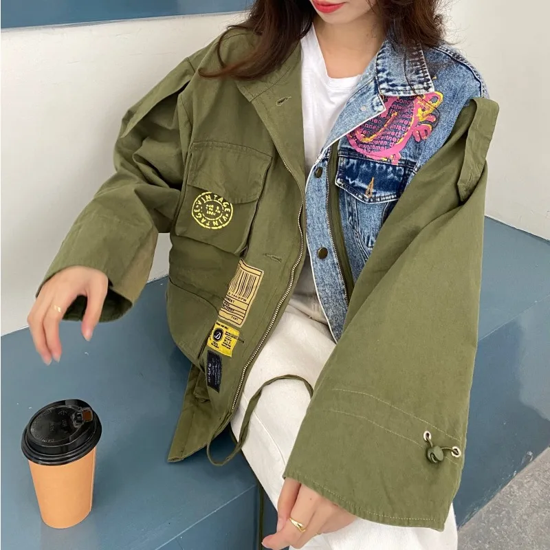 الاتجاه ربيع الخريف الدنيم المرقعة سترة طباعة سترة اسكواش الشارع الشهير كل مباراة فضفاضة الدنيم سترة المرأة بأكمام طويلة