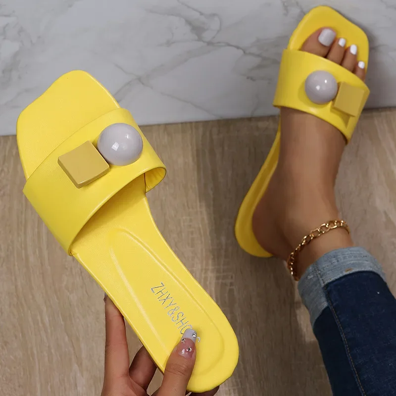 Women\'s Slides Outside Wear Ladies Slippers Bright Yellow Summer Shoes Woman Fashion Flat Bottom Square Head Female Footwear