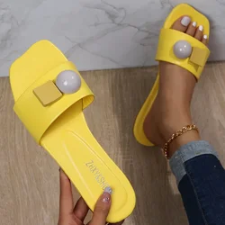 Women's Slides Outside Wear Ladies Slippers Bright Yellow Summer Shoes Woman Fashion Flat Bottom Square Head Female Footwear