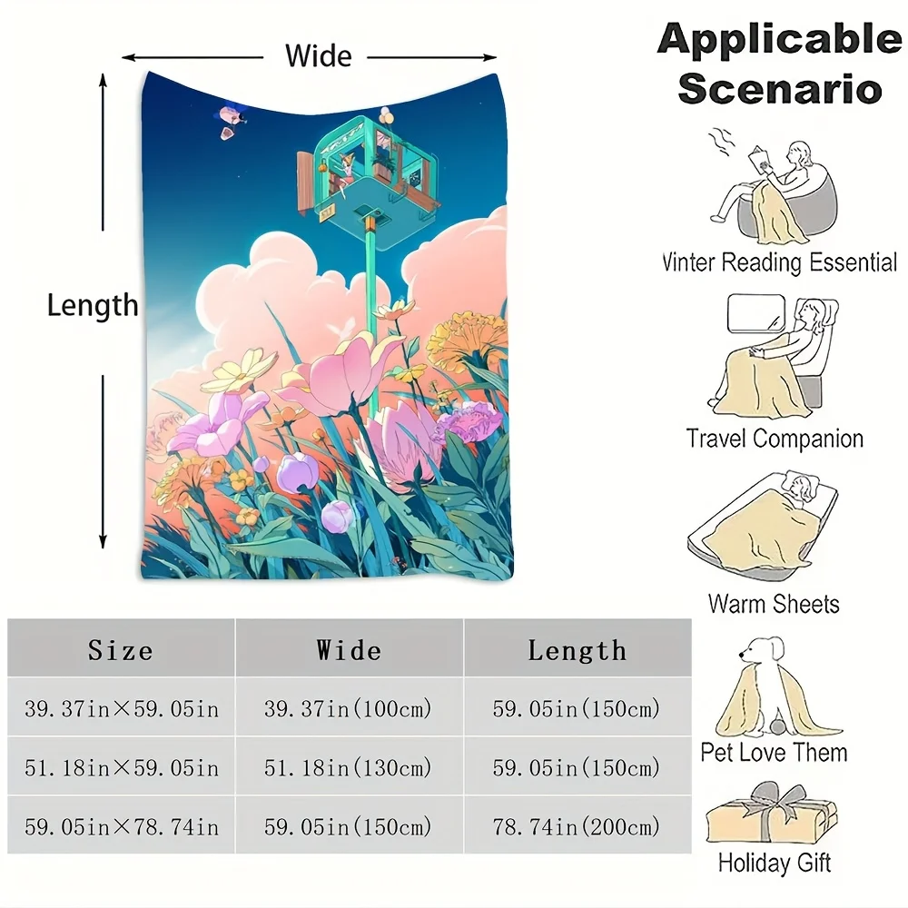 Floating House with Flowers and Clouds Pattern Fleece Blanket Cartoon Style Soft Warm Throw Interior Decoration Bedding Cover