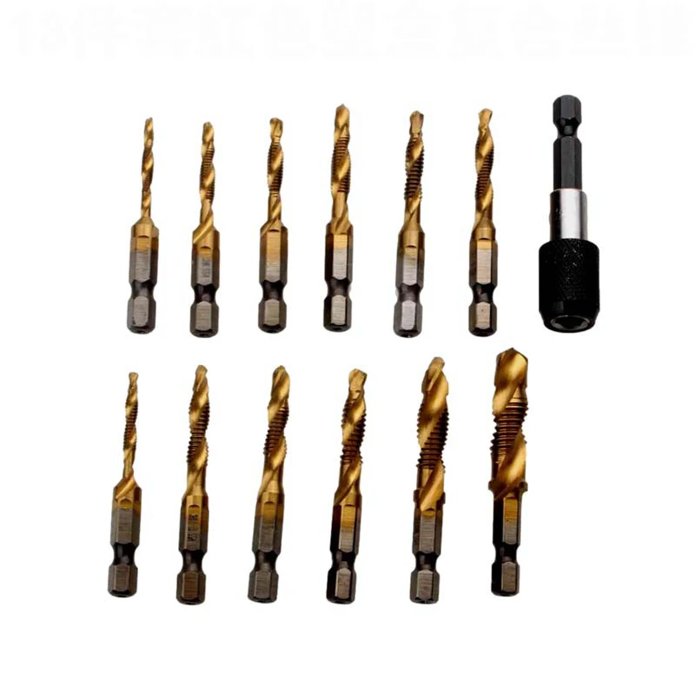 13PC Composite Tap Set High-Speed Steel Hexagonal Shank Metric And Imperial Drilling Tapping And Chamfering Integrated Tap