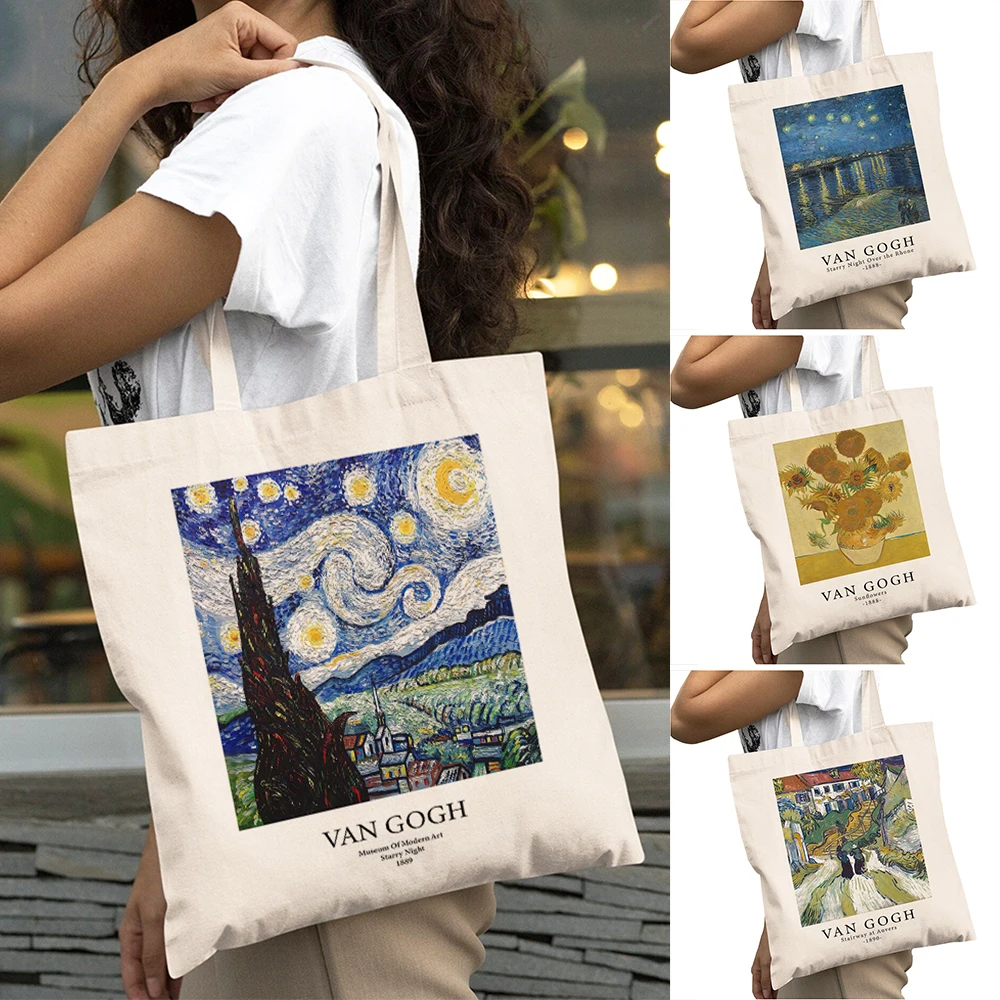 

Vincent Van Gogh Oil Paintings Print Women Shopping Bags Double Print Big Capacity Casual Girl Shoulder Handbag Lady Shopper Bag