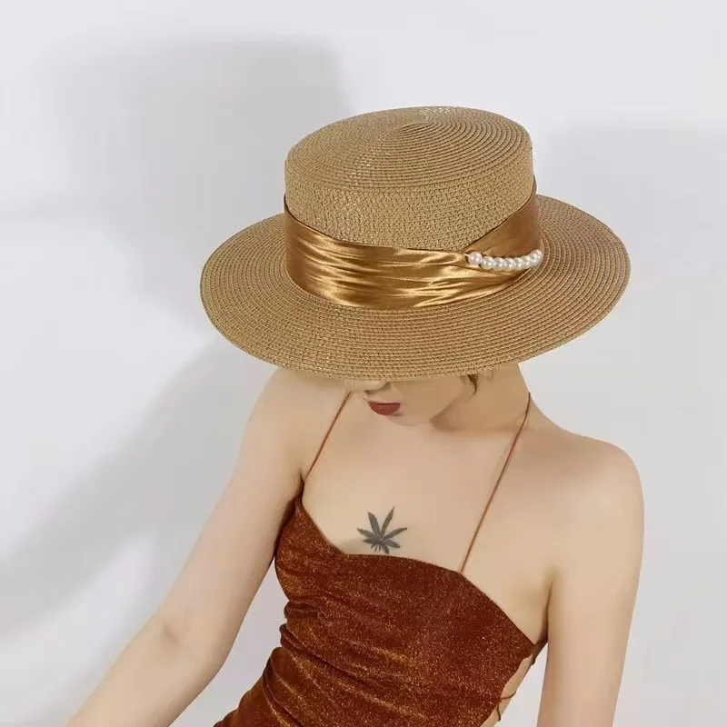 2024 Summer French Elegant Beach Straw Hats for Women Visor Fitted Hat Brim Jazz Travel Pearl Female Casual Panama Hat Suncap