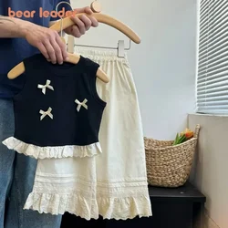 Bear Leader Korean Casual Children's Set Bow Decoration Black Sleeveless Vest+Pants Two-piece Set Lace Stitching Girls Clothes