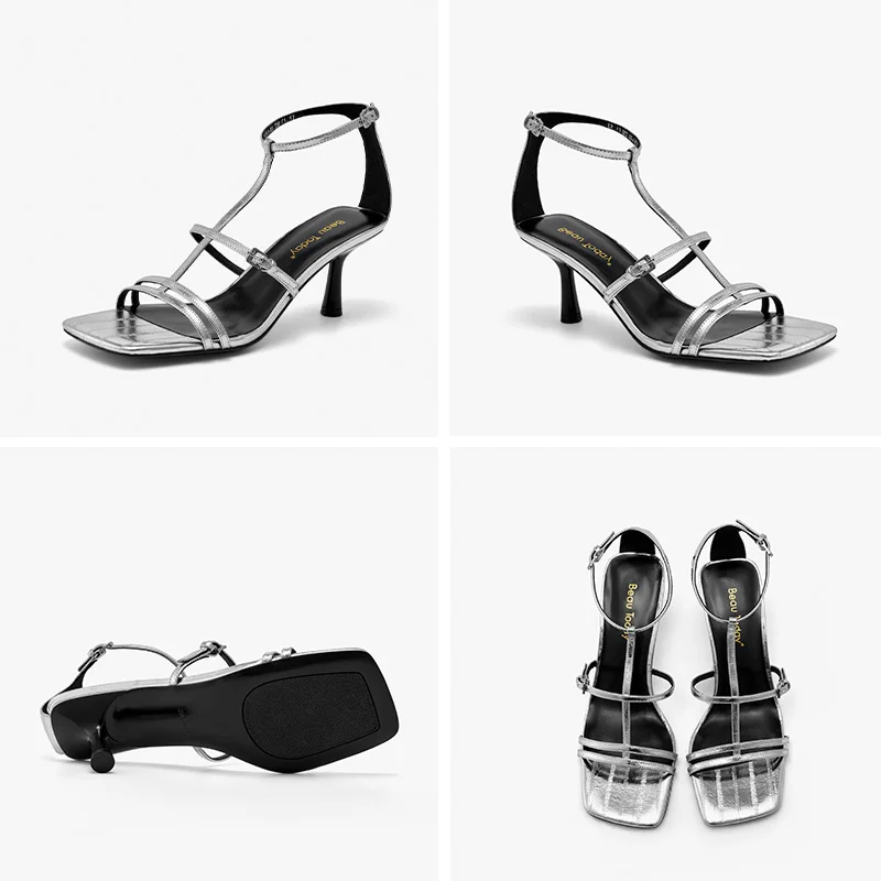 BEAUTODAY Fashion Stilettos Women Genuine Cow Leather Solid Color Gladiator Style Ankle Strap Summer Ladies ShoesHandmade 31251