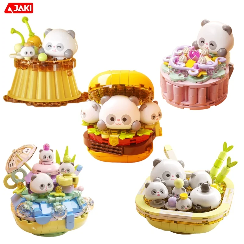 JAKI Panda Building Blocks Set Cake Dessert Hamburger Puzzle Assembly Model Toy Desktop Oranment Birthday Gift